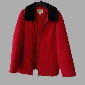 Talbots women's size L Red quilted jacket with removal faux fur collar lined VGC